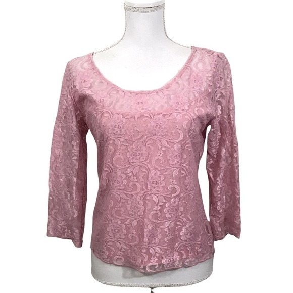 Soft Surroundings Women Small Pink Lace Top 3/4 Sleeve Partially Lined - Picture 1 of 9